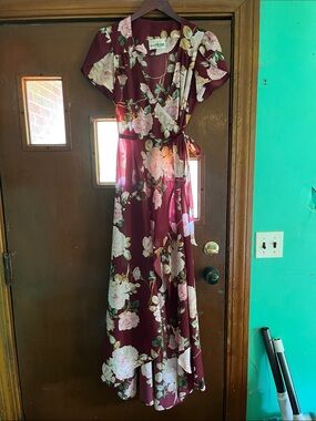 Rose Floral Wrap Maxi Dress in Burgundy and Pink by Malibu MEDIA Small